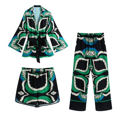 Bermuda Women Sets 2 Pieces Summer Oversized Long Green Print Sashes Knot Kimono Shirts and High Waist Wide Leg Shorts
